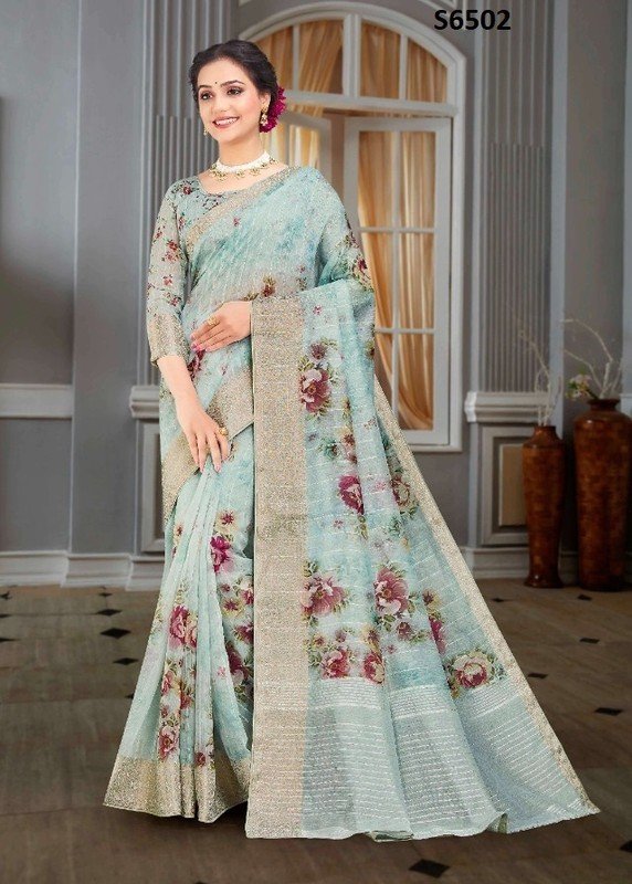 Ambica Mayuri Am-6502 Blue Cotton Silk Saree