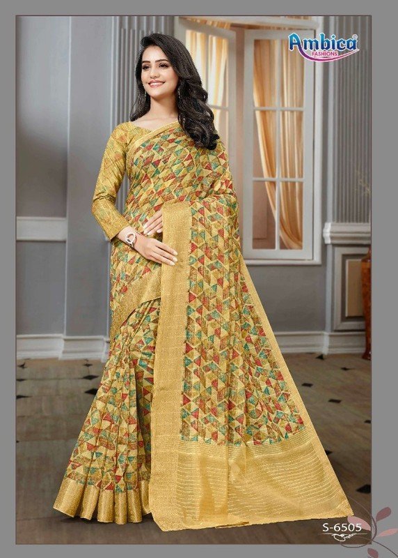 Ambica Mayuri Am-6505 Yellow Cotton Silk Saree