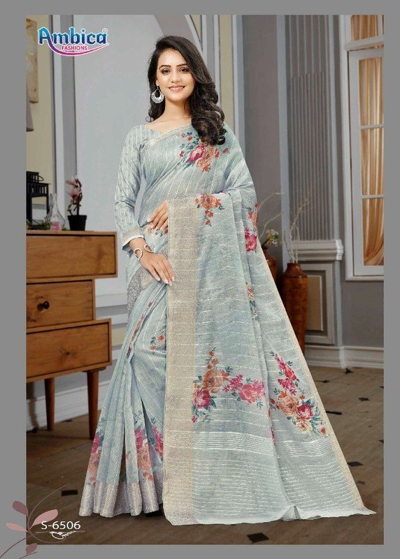 Ambica Mayuri Am-6506 Blue Cotton Silk Saree