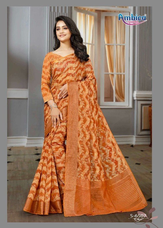 Ambica Mayuri Am-6507 Orange Cotton Silk Saree