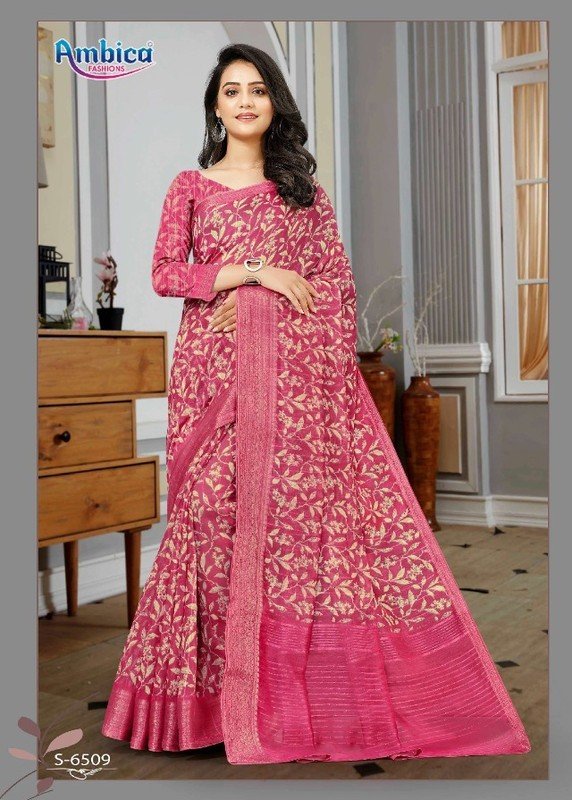 Ambica Mayuri Am-6509 Pink Cotton Silk Saree