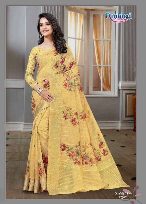 Ambica Mayuri Am-6510 Yellow Cotton Silk Saree