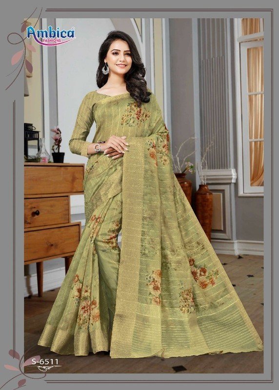 Ambica Mayuri Am-6511 Green Cotton Silk Saree