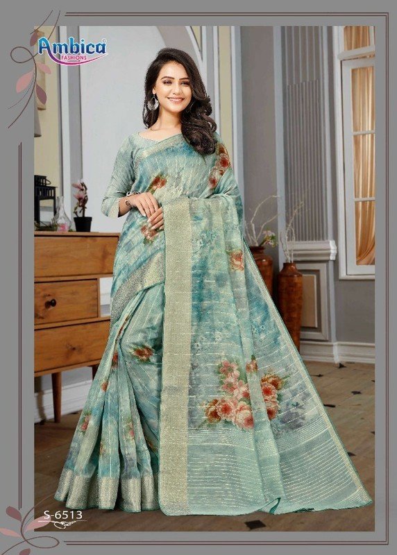 Ambica Mayuri Am-6513 Blue Cotton Silk Saree