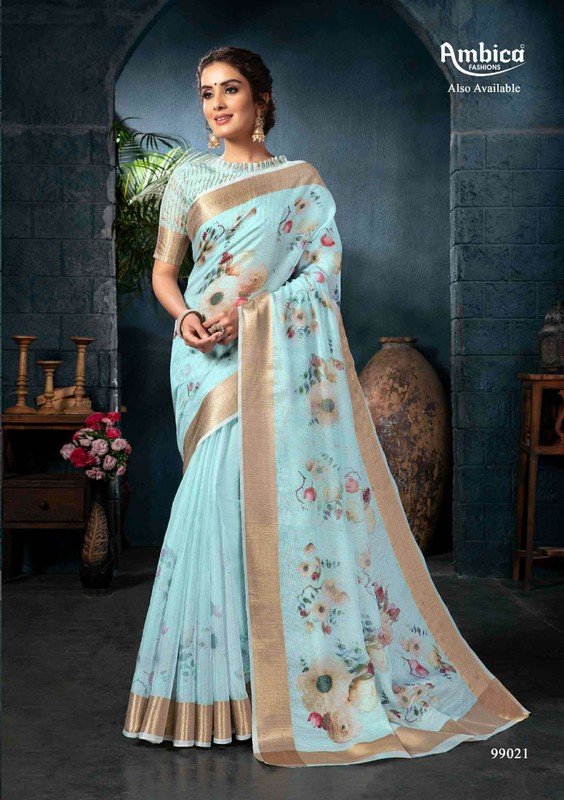 Ambica Preyanshi Am-99021 Blue Cotton Silk Saree