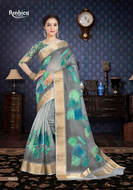 Ambica Preyanshi Am-99051 Blue Cotton Silk Saree