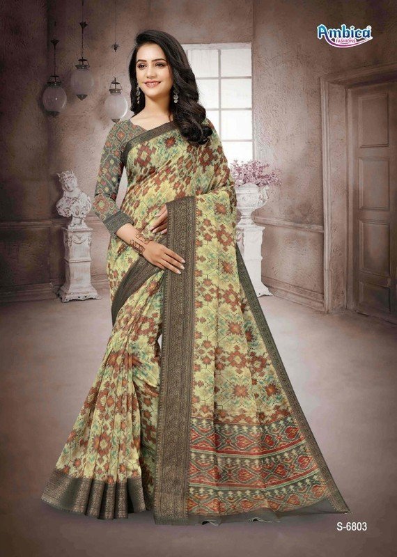 Ambica Unnati Am-6803 Yellow Bhagalpuri Cotton Saree