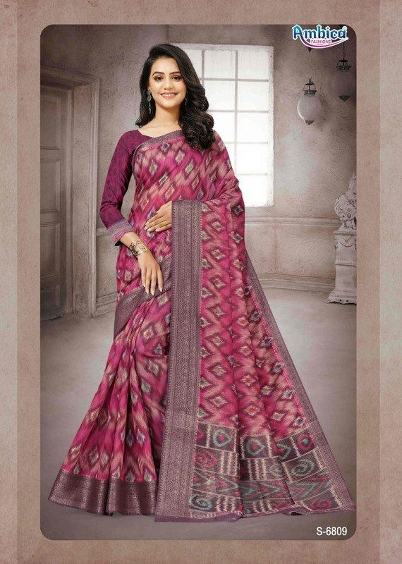 Ambica Unnati Am-6809 Pink Bhagalpuri Cotton Saree