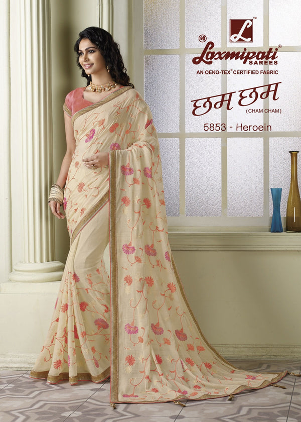 Laxmipati Cham Cham 5853 Cream Chiffon Saree