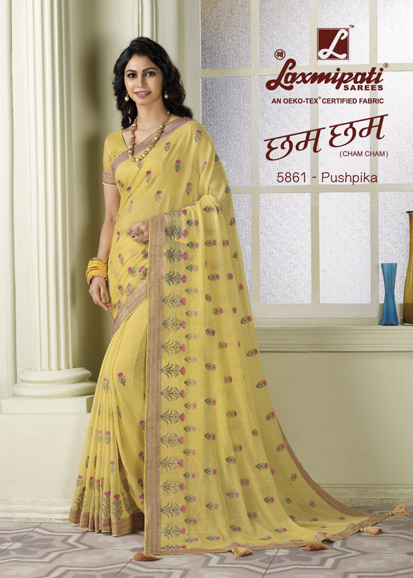 Laxmipati Cham Cham 5861 Yellow Chiffon Saree