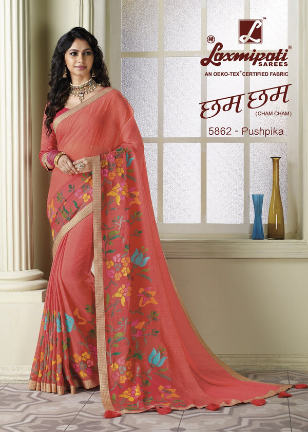 Laxmipati Cham Cham 5862 Peach Chiffon Saree