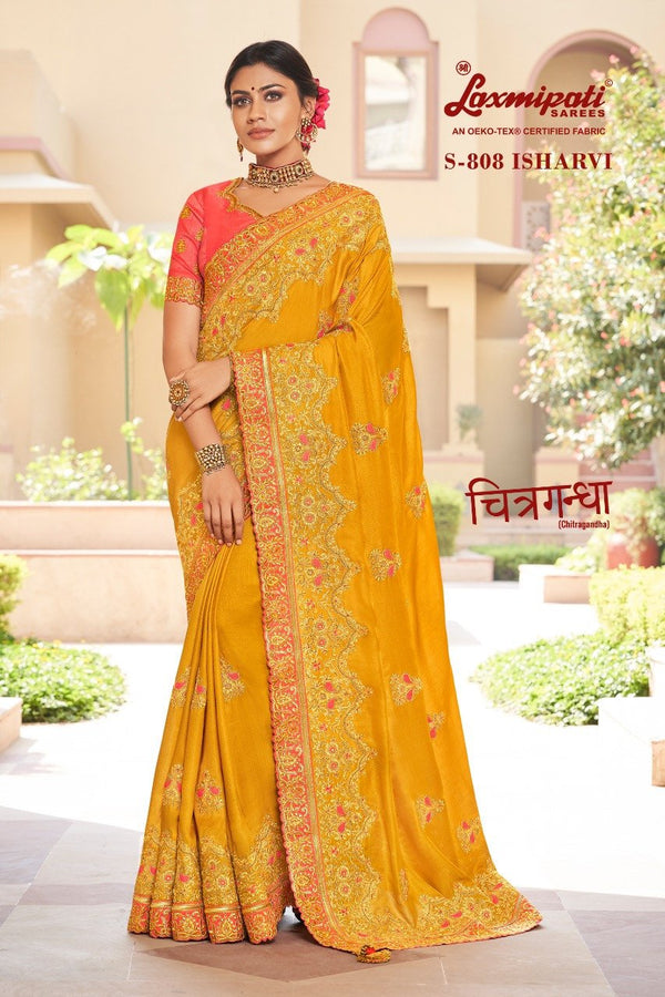 Laxmipati Chitragandha S-808 Yellow Raw Silk Saree