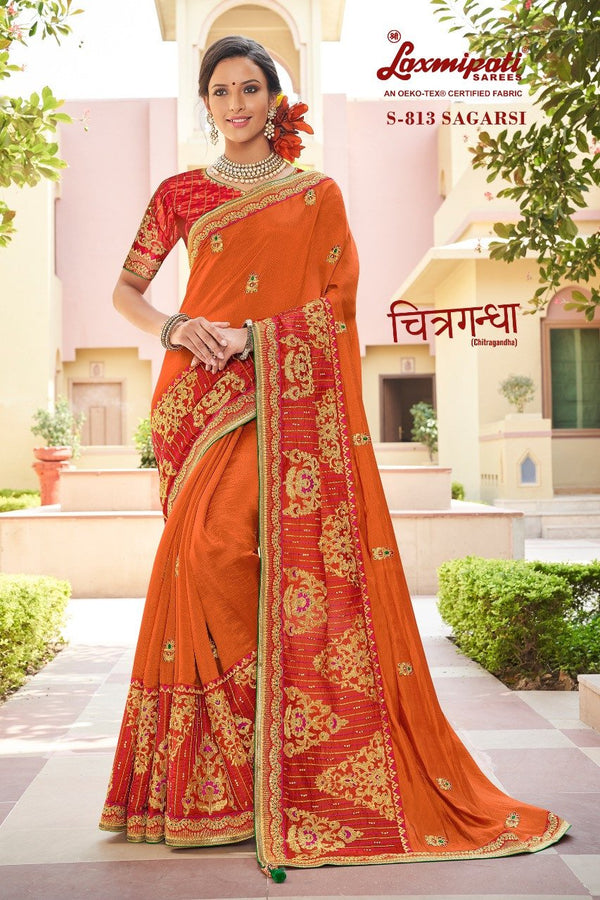 Laxmipati Chitragandha S-813 Orange Raw Silk Saree