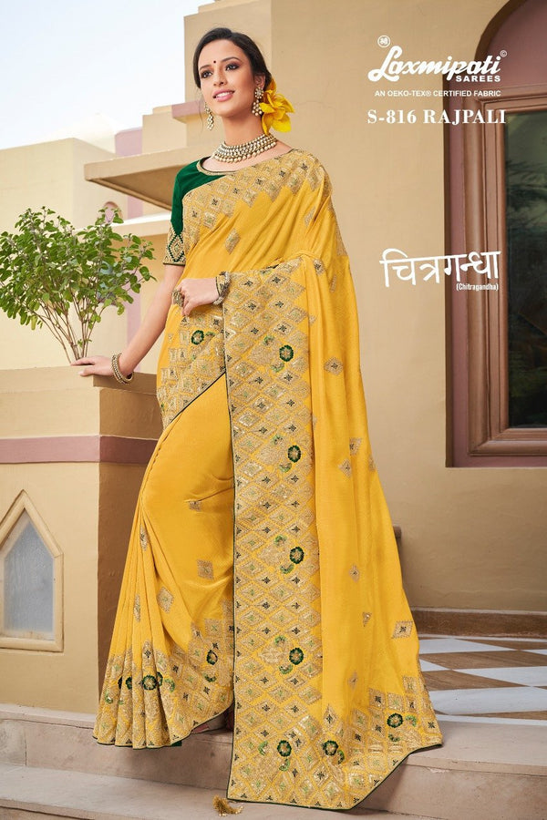 Laxmipati Chitragandha S-816 Yellow Raw Silk Saree