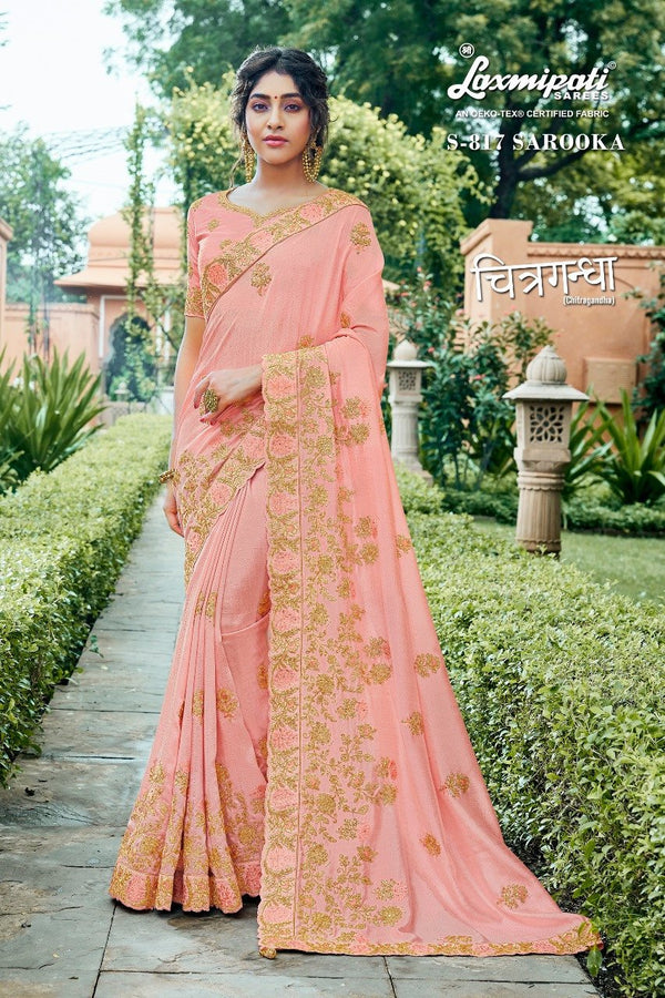 Laxmipati Chitragandha S-817 Peach Raw Silk Saree