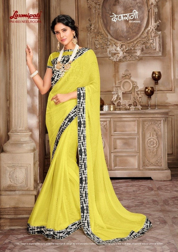 Laxmipati Devrani Pm-603 Yellow Chiffon Saree