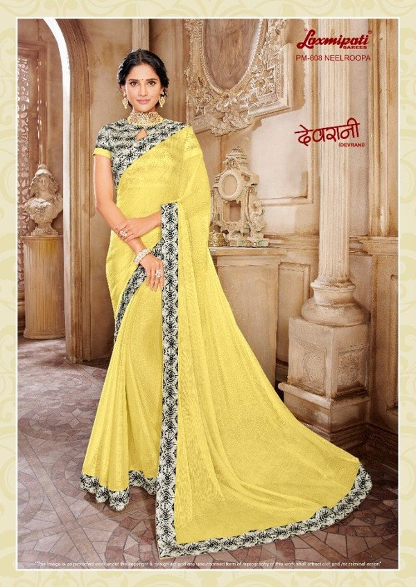 Laxmipati Devrani Pm-608 Yellow Chiffon Saree