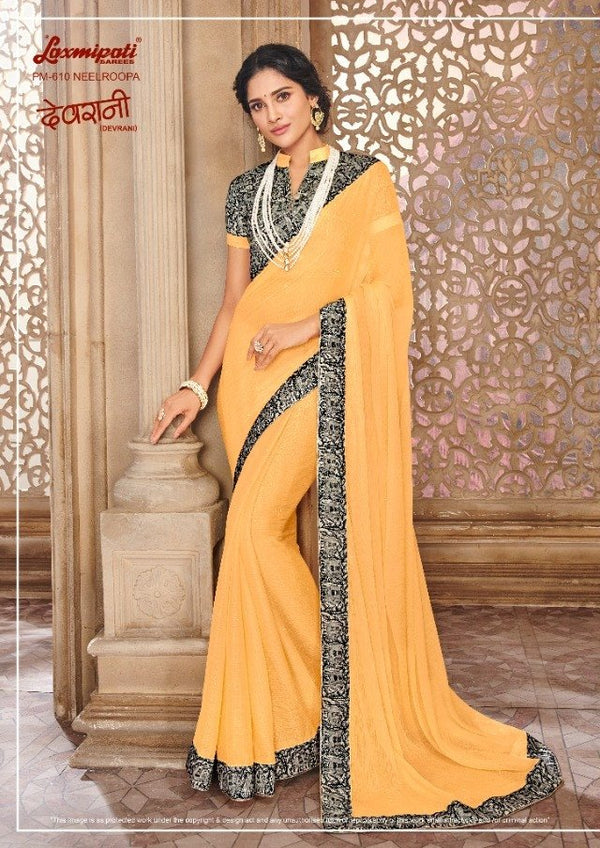 Laxmipati Devrani Pm-610 Yellow Chiffon Saree