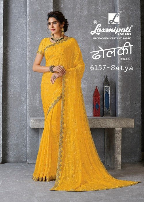 Laxmipati Dholki 6157 Yellow Chiffon Saree