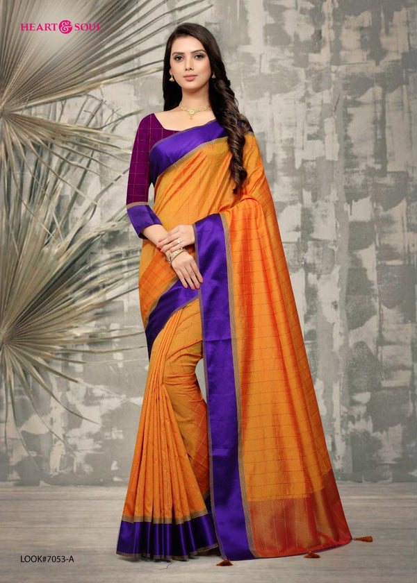 Heart & Soul H & S Collection Hs-7053-A Orange Raw Silk Saree