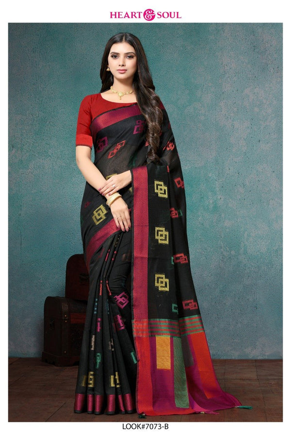 Heart & Soul H & S Collection Hs-7073-B Black Raw Silk Saree