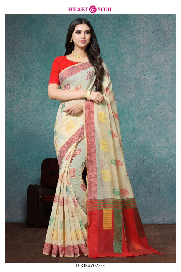 Heart & Soul H & S Collection Hs-7073-E Cream Raw Silk Saree