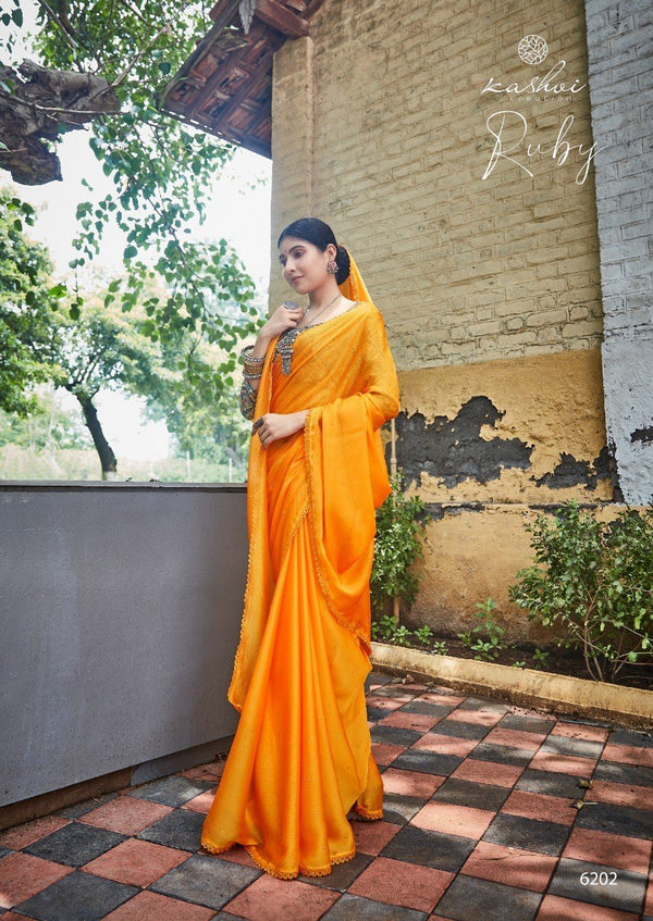 Kashvi Ruby Ks-6202 Yellow Moss Chiffon Saree