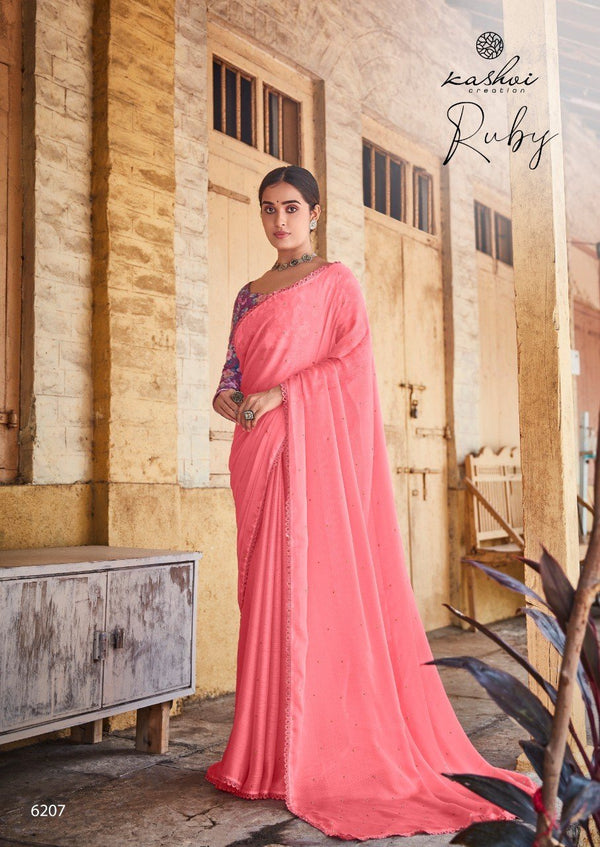 Kashvi Ruby Ks-6207 Peach Moss Chiffon Saree