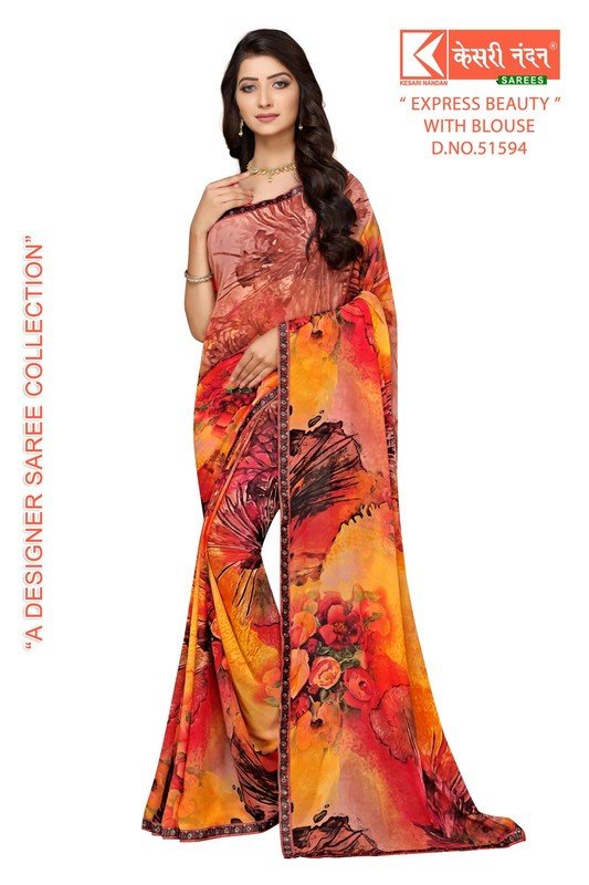 Kesari Nandan Express Beauty Kn-Eb51594 Orange Georgette Saree