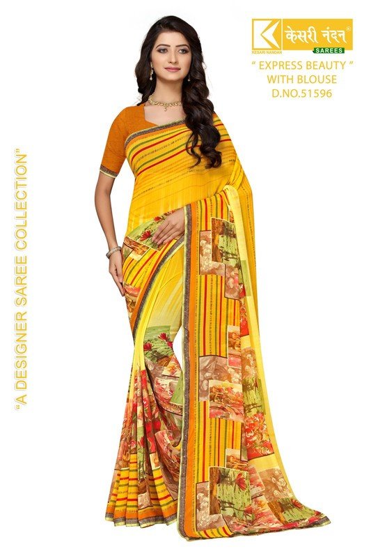 Kesari Nandan Express Beauty Kn-Eb51596 Yellow Georgette Saree