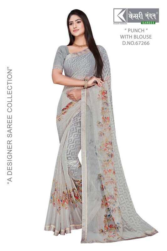 Kesari Nandan Punch Kn-P67266 Grey Chiffon Brasso Saree