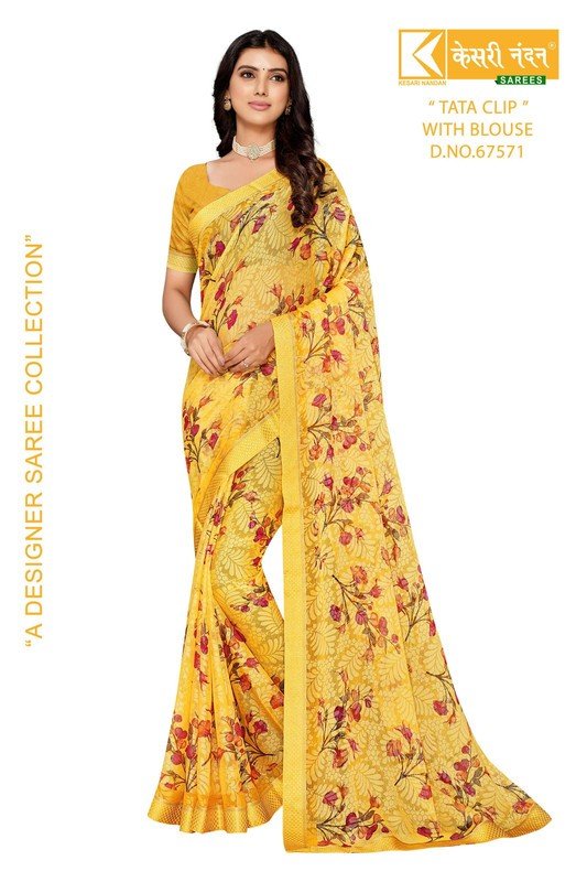 Kesari Nandan Tata Clip Kn-Tc-67571 Yellow Chiffon Brasso Saree