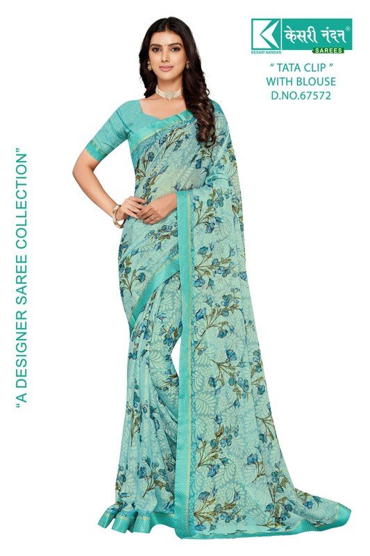 Kesari Nandan Tata Clip Kn-Tc-67572 Blue Chiffon Brasso Saree