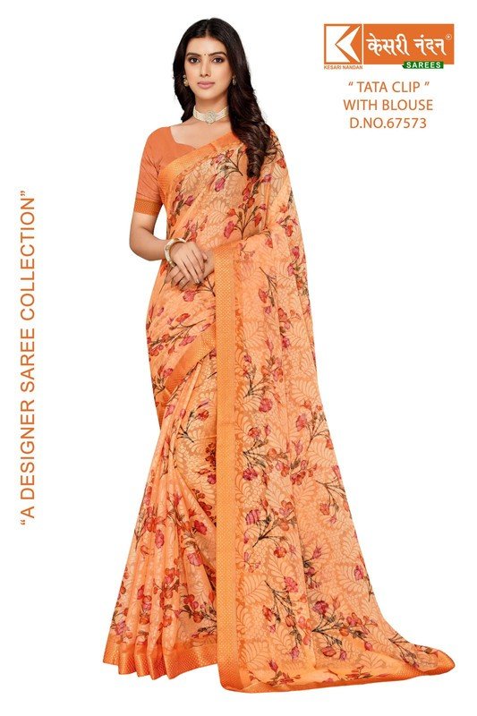 Kesari Nandan Tata Clip Kn-Tc-67573 Peach Chiffon Brasso Saree