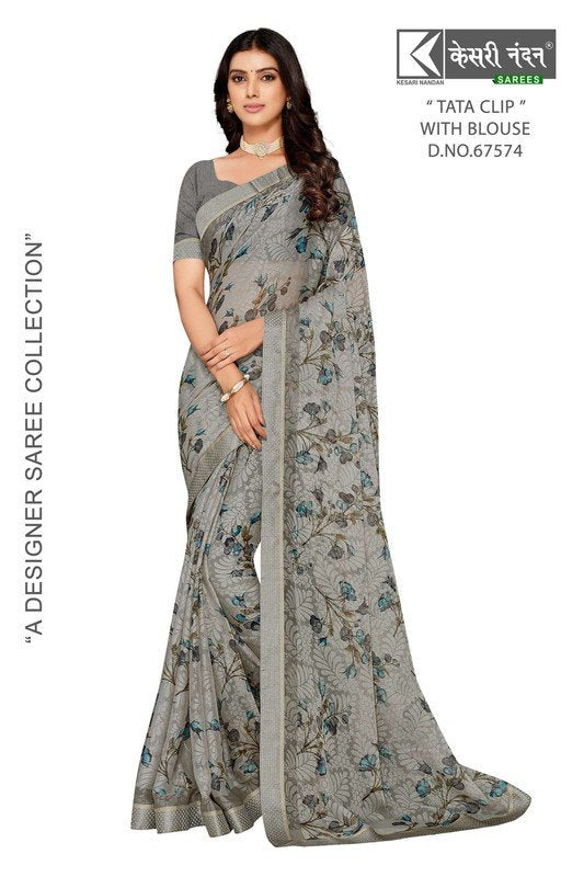 Kesari Nandan Tata Clip Kn-Tc-67574 Grey Chiffon Brasso Saree