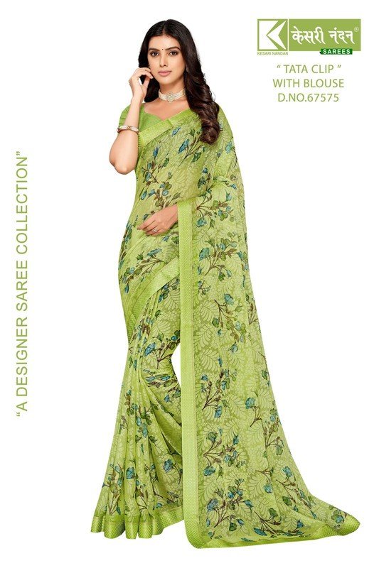 Kesari Nandan Tata Clip Kn-Tc-67575 Green Chiffon Brasso Saree