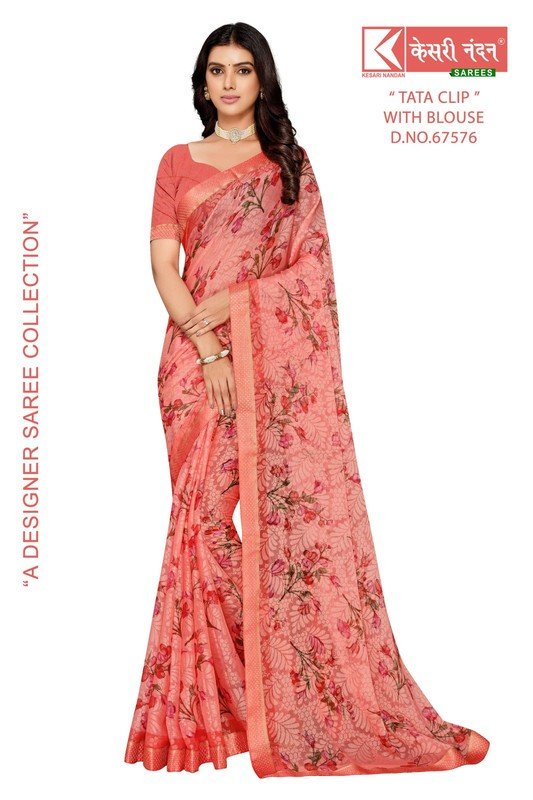 Kesari Nandan Tata Clip Kn-Tc-67576 Pink Chiffon Brasso Saree