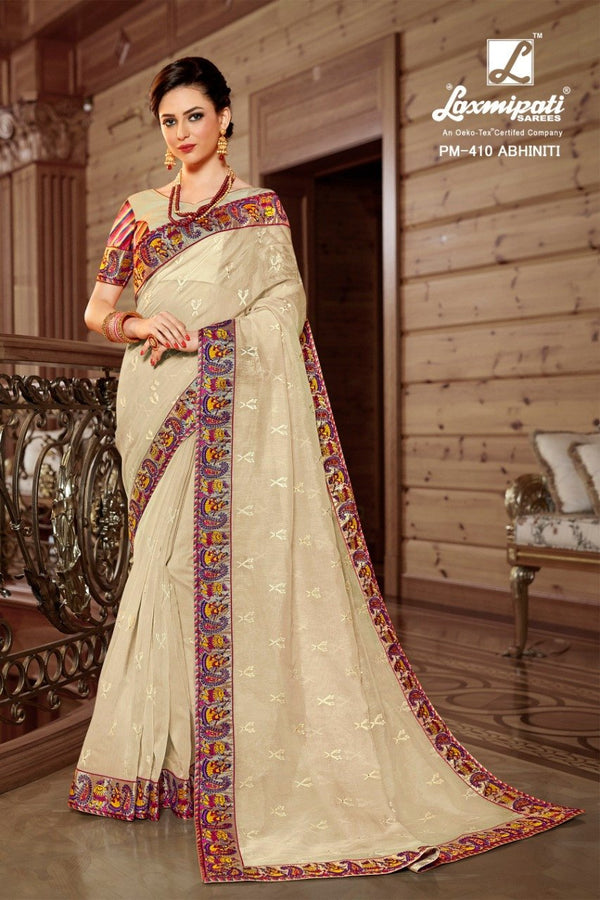 Laxmipati Kilkari Pm-410 Cream Cotton Silk Saree