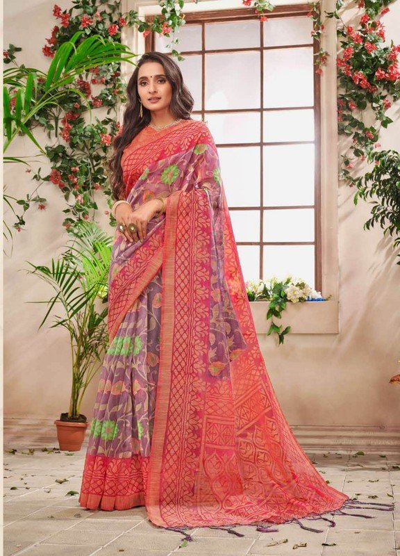 Kundan Rose Line Kd-R3191 Orange Brasso Saree