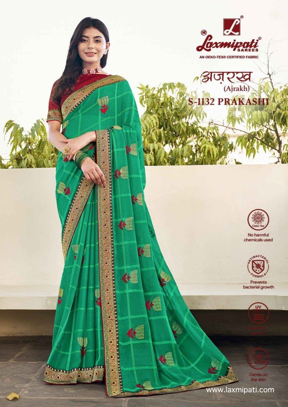 Laxmipati Ajrakh S-1132 Green Chiffon Saree