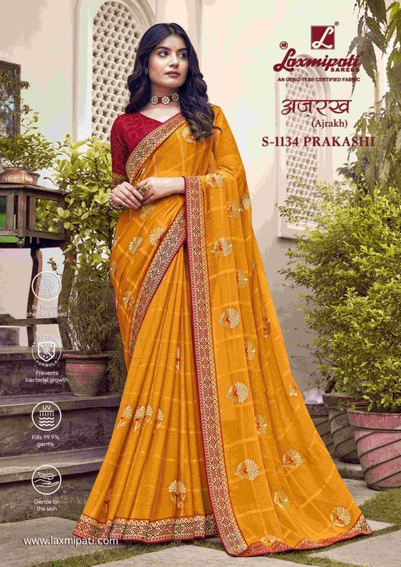 Laxmipati Ajrakh S-1134 Yellow Chiffon Saree