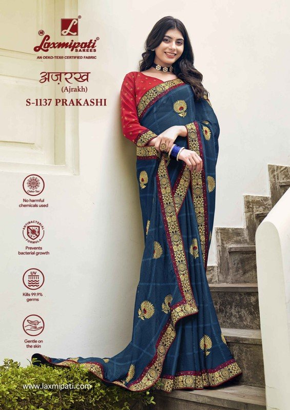 Laxmipati Ajrakh S-1137 Blue Chiffon Saree