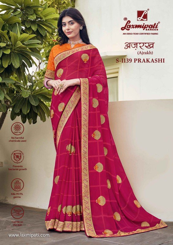 Laxmipati Ajrakh S-1139 Pink Chiffon Saree