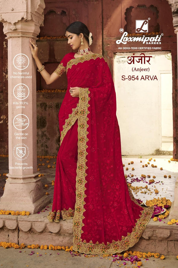 Laxmipati Anjeer S-954 Red Chiffon Saree