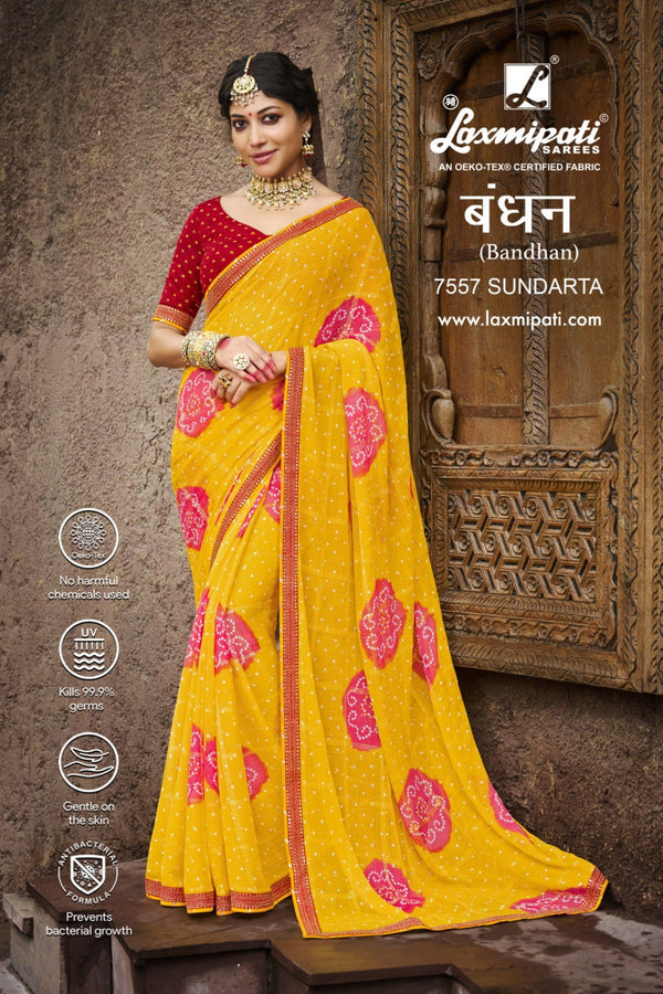 Laxmipati Bandhan 7557 Yellow Chiffon Saree