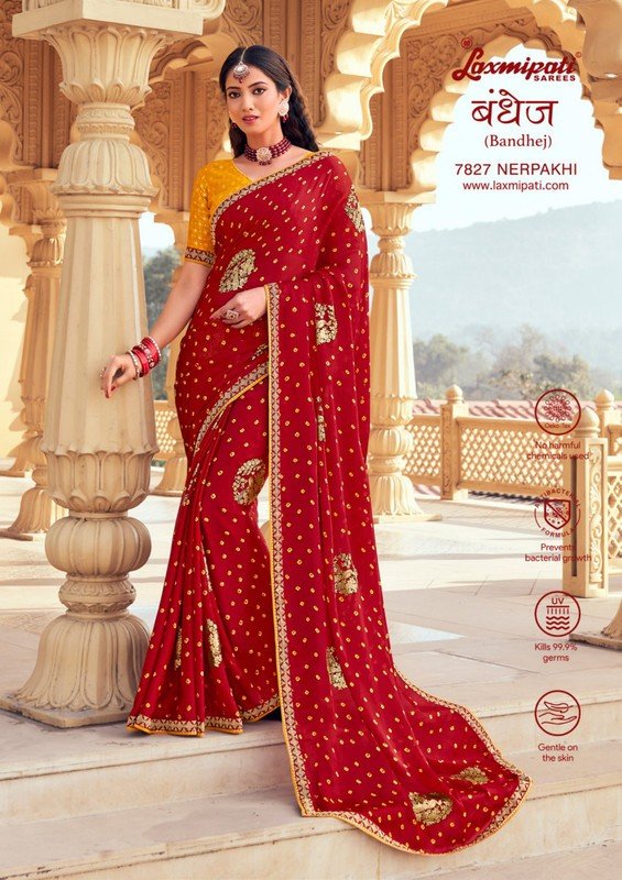 Laxmipati Bandhej 7827 Red Silk Chiffon Saree