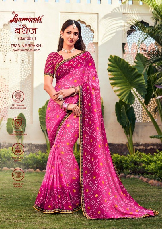 Laxmipati Bandhej 7833 Pink Silk Chiffon Saree