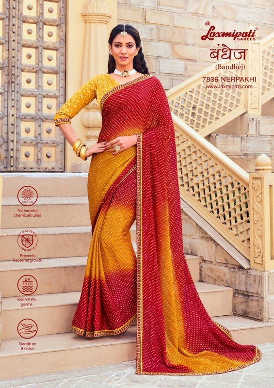 Laxmipati Bandhej 7836 Red Silk Chiffon Saree