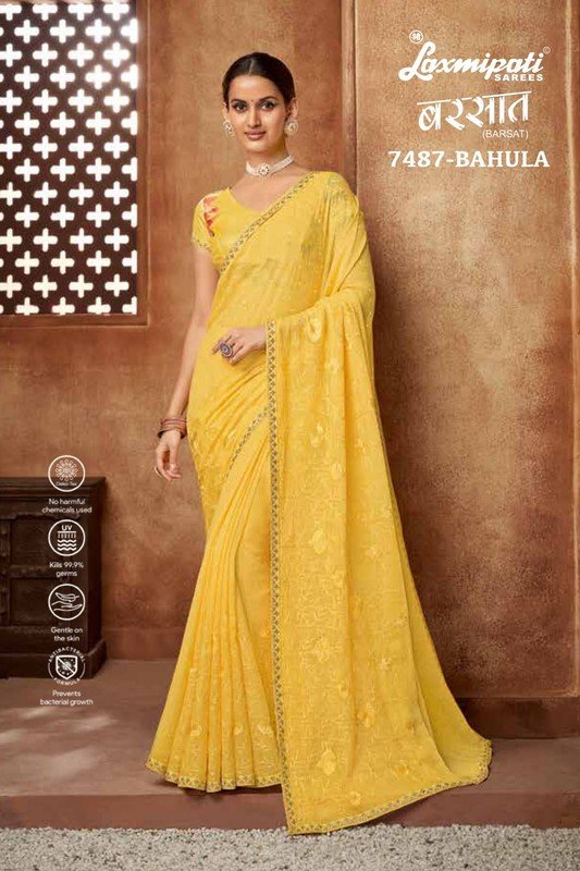 Laxmipati Barsat 7487 Yellow Chiffon Saree