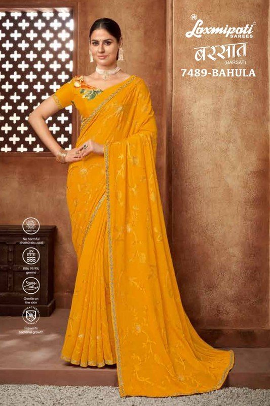 Laxmipati Barsat 7489 Yellow Chiffon Saree